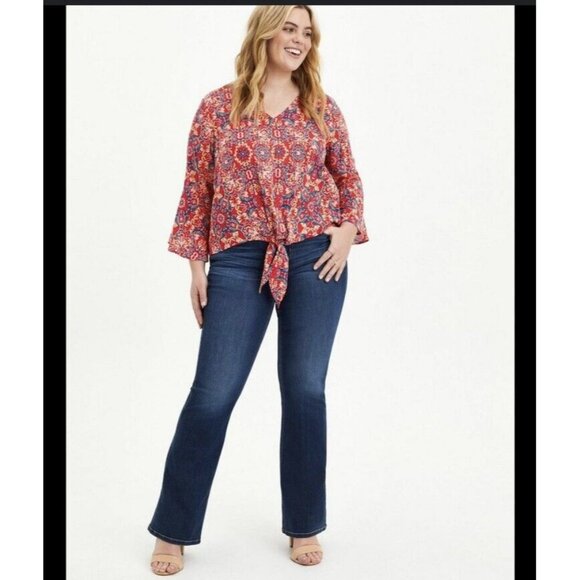 Torrid Womens Sz 3 3X Red Paisley Lenny Tie Front Bell Sleeve‎ V-Neck Boho Slub - Picture 15 of 15
